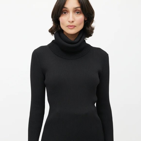 New Celine oversized funnel neck turtleneck ribbed fitted sweater mini dress - Picture 4 of 16